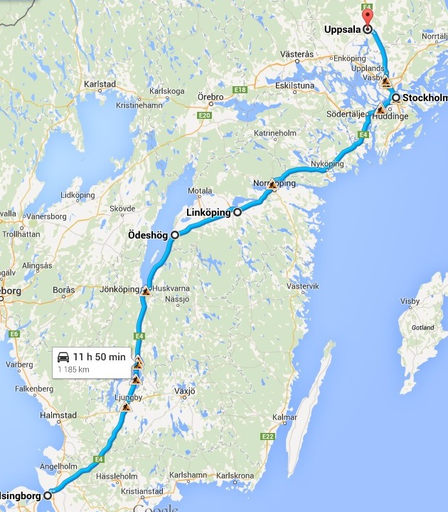 Cesta z Uppsaly do Helsingborgu. Google maps